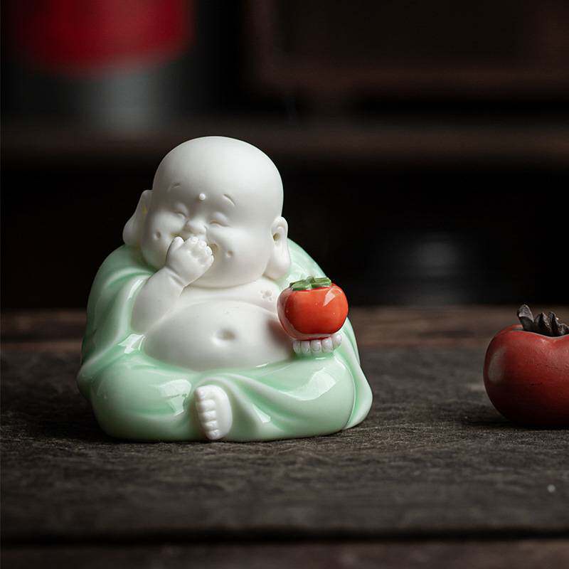 新中式陶瓷弥勒笑佛招财茶宠摆件茶道桌面装饰工艺品车载平安摆设