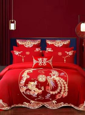 四E4C婚庆件套大全棉红龙凤刺绣陪嫁新婚喜RAjdHicT被床婚结婚房