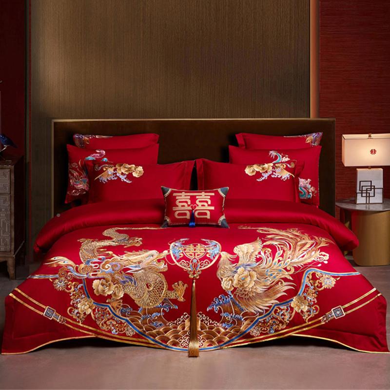 婚庆四GBFJLOK6件套全棉上喜庆结婚龙凤床用红品嫁纯棉婚婚床新婚