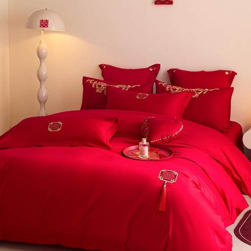 新式长绒棉婚四件套庆正红色婚结喜被婚床六dongfang件套八件套刺