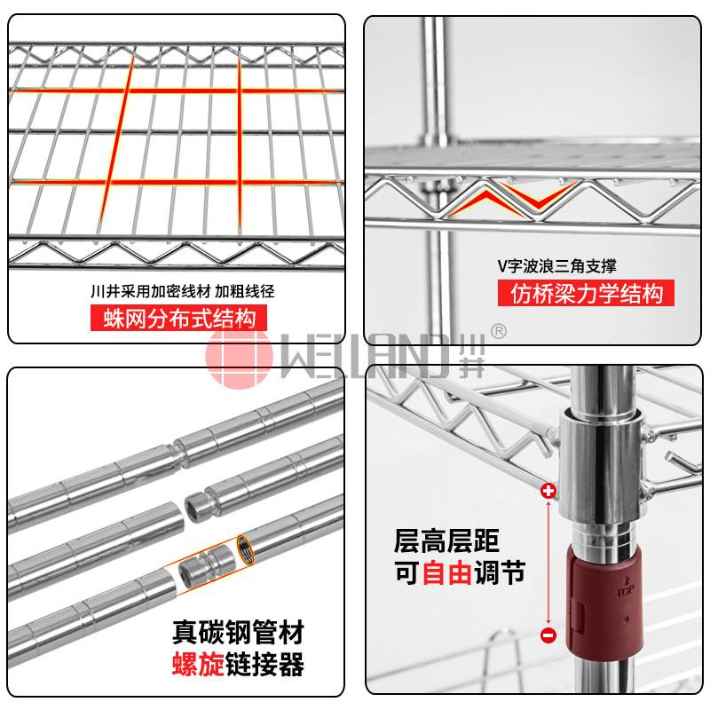 川井欧美四层镀铬商用厨房货架餐具碗碟收纳架隔板围网线网置物架