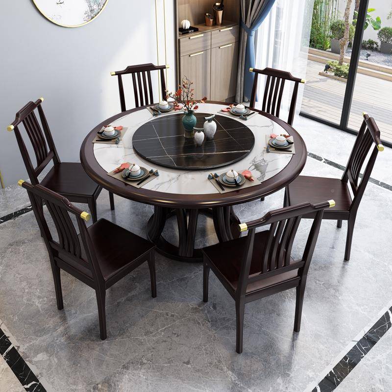 实木岩板1餐桌面新式6-0人圆餐桌桌中带转盘椅组合酒店民宿用餐桌