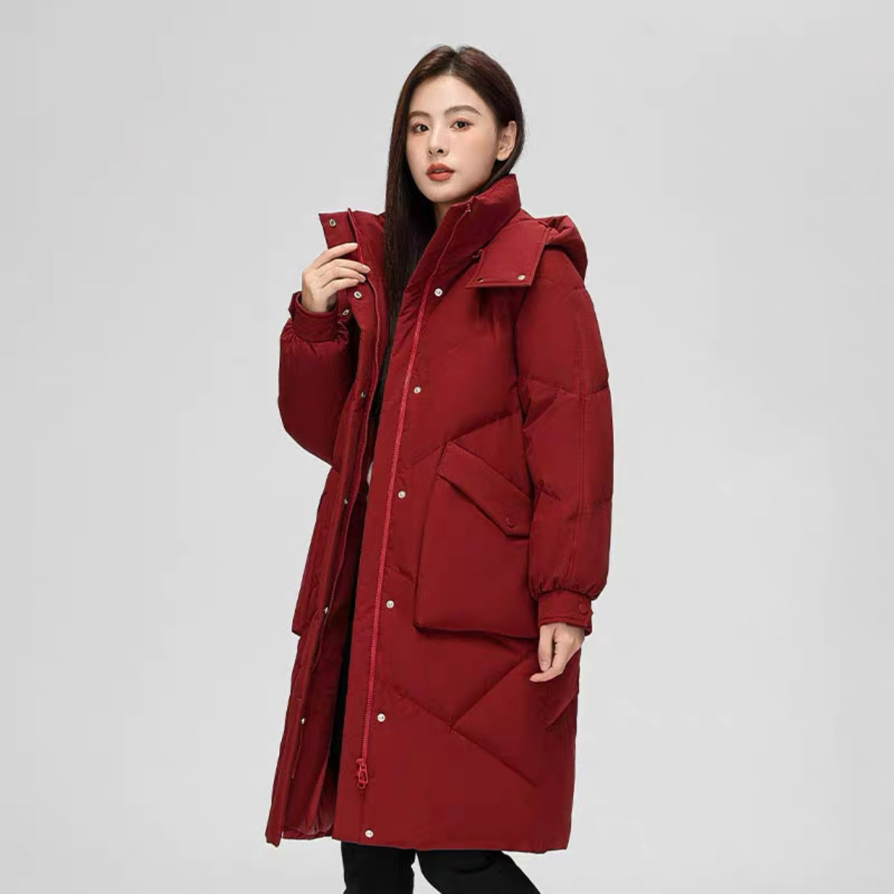 女士长款可拆卸帽羽绒服