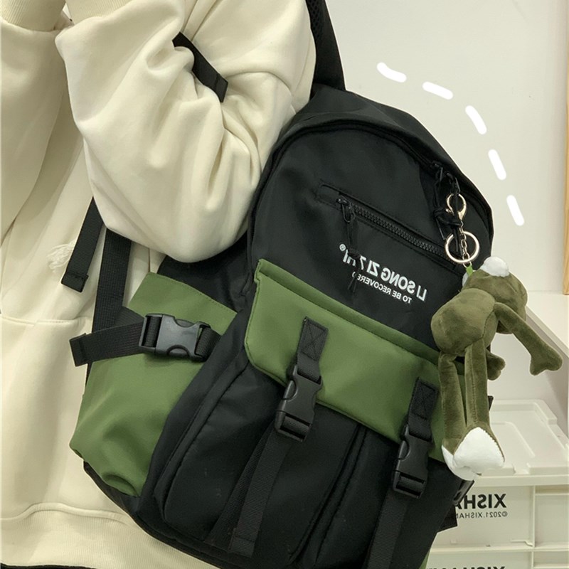 大容量工装风双肩包女学生韩版撞色百搭高中学生背包男初中生书包