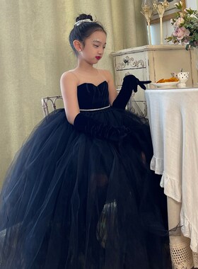女童赫本风黑色晚礼服生日宴会公主裙儿童拍照T台走秀表演出长裙