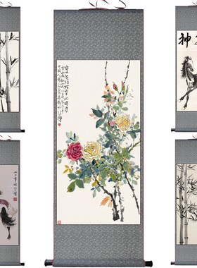 徐悲鸿马到成功牡丹花鸟竹子挂画卷轴水墨画酒店靠山背景画丝绸画