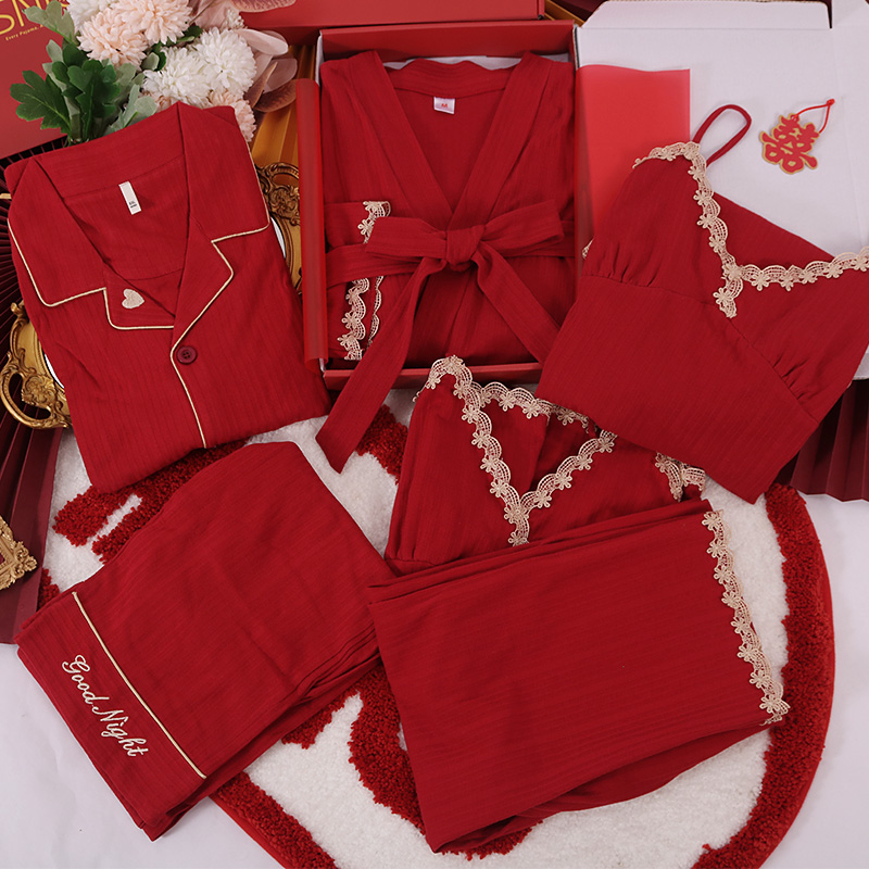 纯棉红色睡裙女春秋新款结婚睡衣四件套男女情侣家居服套装可外穿