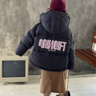 韩国儿童羽绒服2023冬季新款男女童宝宝字母加厚中长款连帽外套潮