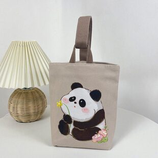 秋胖胖卡通熊猫panda花花果赖手提遛弯水桶收纳小布袋复古手腕包