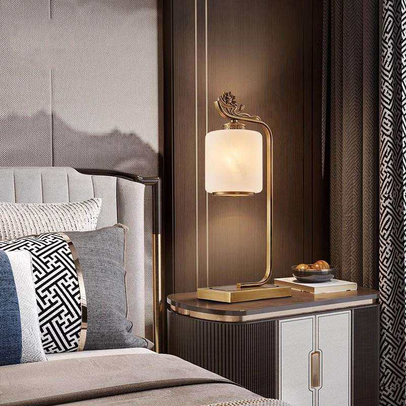 新中式全铜云石台灯触摸开关中国风复古卧室床头灯莲花台灯