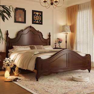 美式复古床胡桃木色床小户型次卧一米五的实木床加床垫安娜实木床