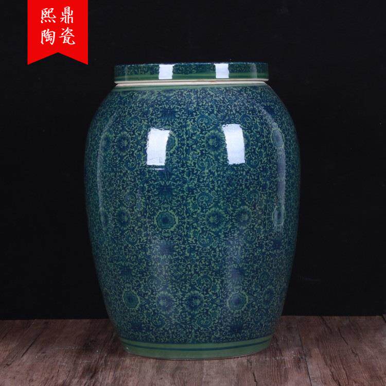 景德镇陶瓷仿古青花米桶储物罐腌菜坛储米箱 带盖50斤装坐凳