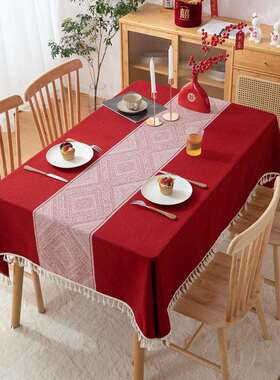 W1TR中式红色结婚全涤提花复古花流苏桌布茶几餐桌布盖巾