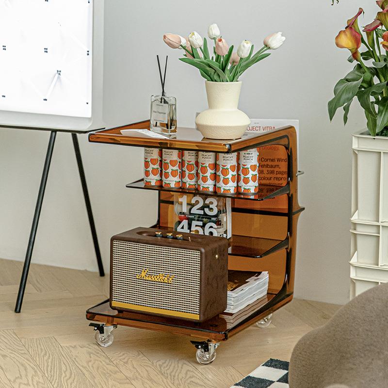 沙发边几亚克力中古风推车可移动收纳边柜透明小茶几床头柜带轮子