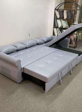 北欧浅紫色皮艺组合沙发超纤皮小户型折叠可储物多功能沙发床