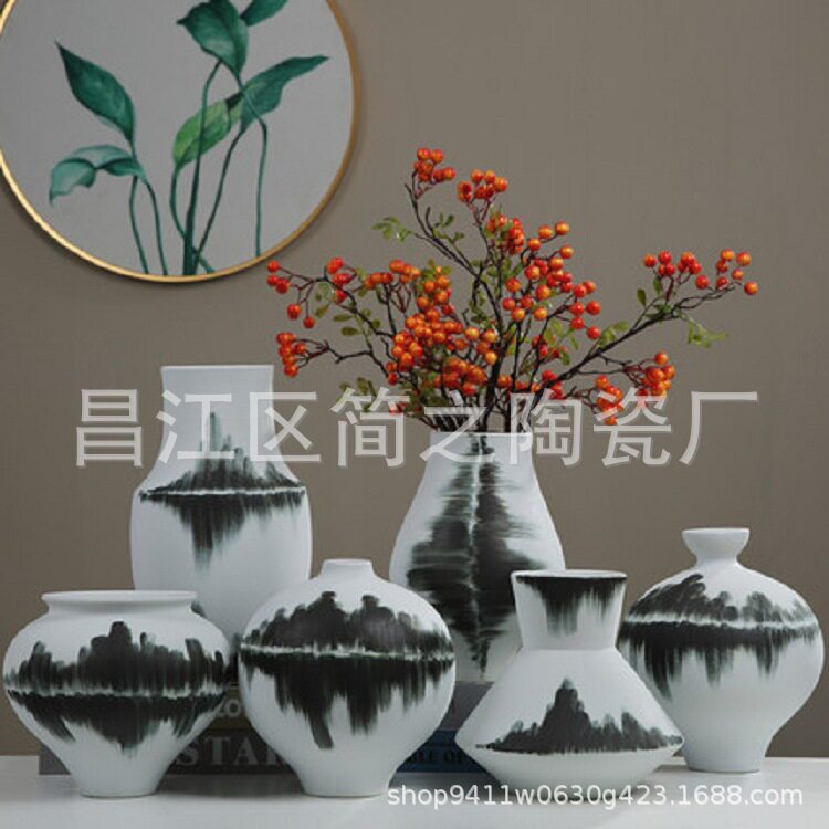陶瓷手绘水墨花瓶花器手工陶瓷花插酒店售楼处软装饰花器