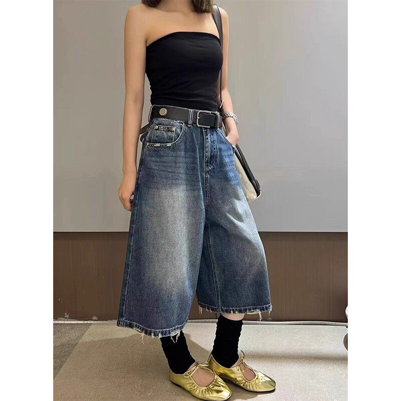 毛边设计感阔腿七分牛仔裤女款夏季新款高腰显瘦宽松百搭直筒中裤