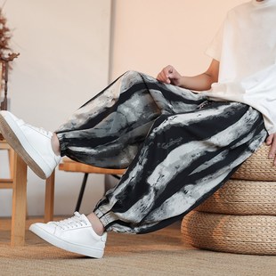 宽松束脚哈伦裤 新中式 裤 水墨印花冰丝灯笼裤 男裤 薄款 子大码 男夏季