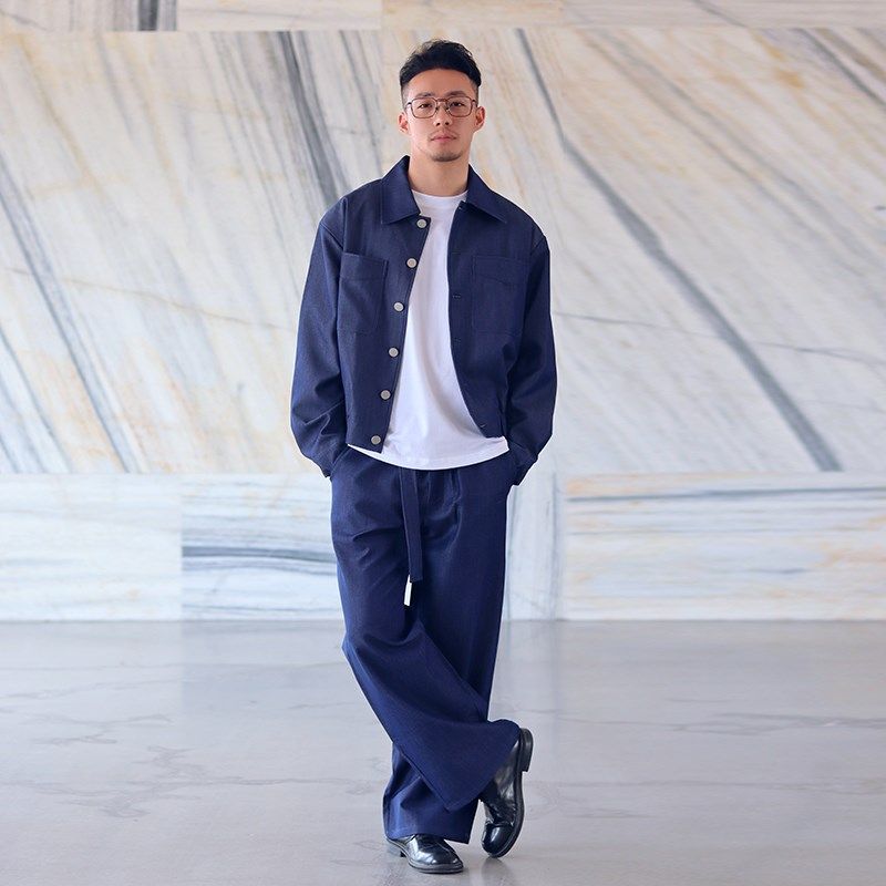 白浪浪 秋季新款牛仔蓝黑色 宽松落肩短款复古夹克套装纯色懒人男,男装,时尚套装,淘宝优惠券,粉丝福利购,淘宝优惠卷