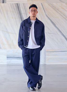 白浪浪 秋季新款牛仔蓝黑色 宽松落肩短款复古夹克套装纯色懒人男