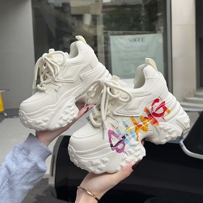 老爹鞋女2025年春季新款10cm小个子厚底女鞋涂鸦小白鞋内增高女鞋