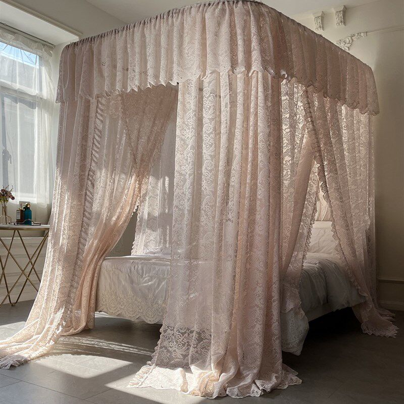 2025高档蕾丝导轨蚊帐加密加厚公主风落地三开门U型轨道家用床帘