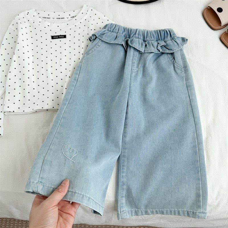 女童牛仔裤夏季薄款洋气新款时尚花边小童阔腿裤女宝九分防蚊裤,童装/婴儿装/亲子装,儿童牛仔裤,淘宝优惠券,粉丝福利购,淘宝优惠卷