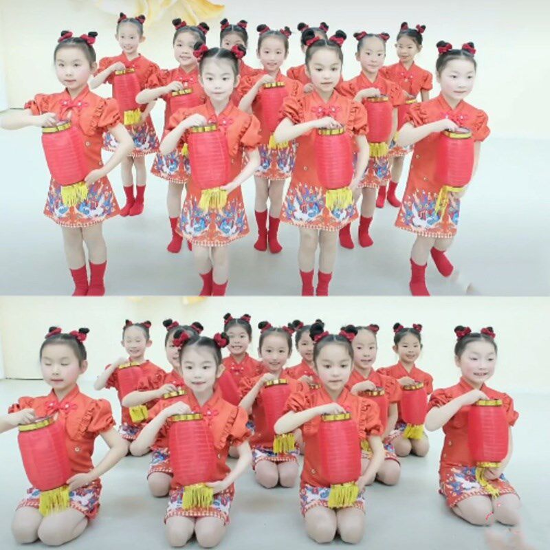 元旦儿童喜庆中国风红旗袍演出服女幼儿灯笼梦娃舞蹈裙元日表演服