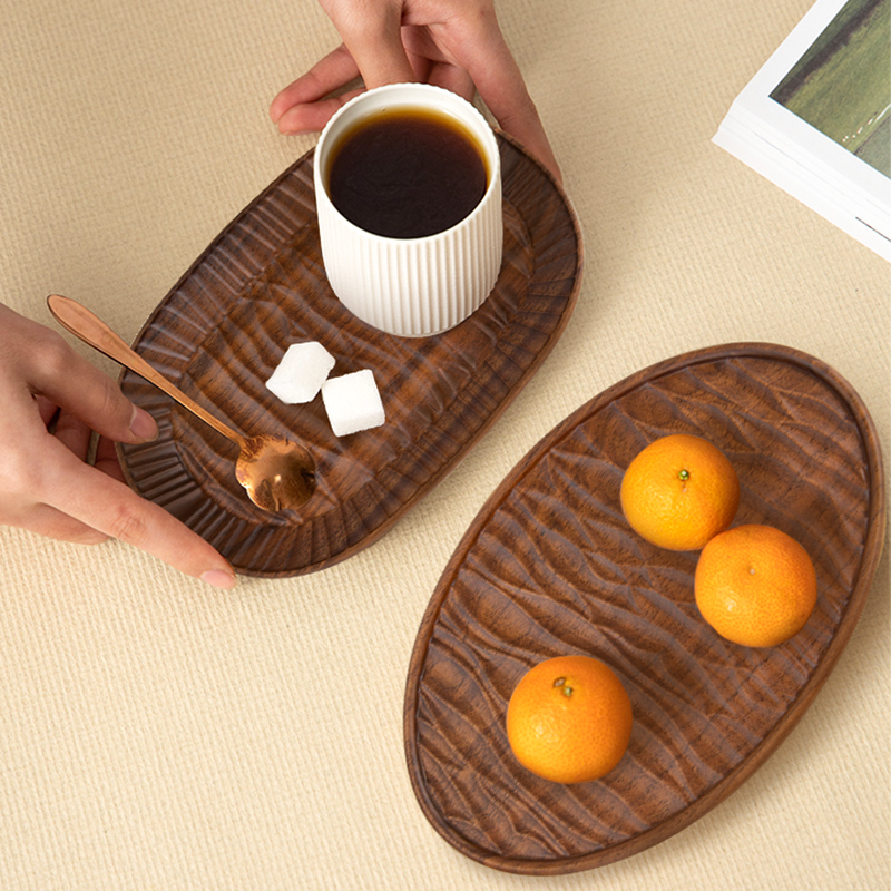 日式黑胡桃木托盘木质手工雕刻小茶盘实木水果盘整木咖啡椭圆盘子