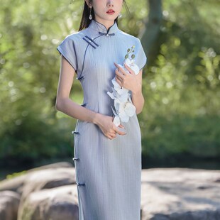 蓝色棉麻条纹旗袍2024夏季新款复古民国风年轻款少女连衣裙