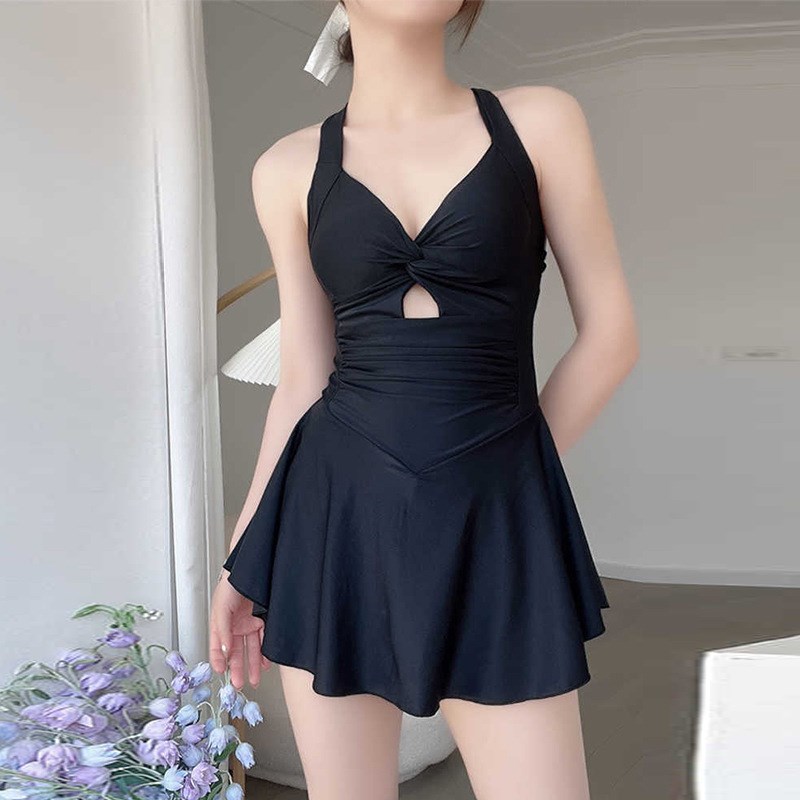 2024遮肚夏季女士泳衣高级感碎花连体裙式纯欲风挂脖温泉泳装泳裤