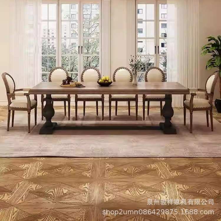 美式复古实木餐桌椅组合长方形家用饭桌法式双色餐厅家具