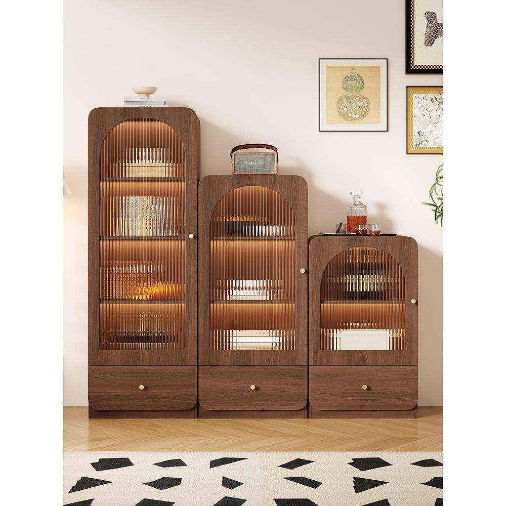 复古风玻璃餐边酒柜靠墙家用客厅立柜电视边柜展示置物窄柜储物柜