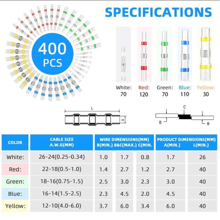 跨境  400PCS 盒装焊锡环热缩对接连接器套件防水绝缘接线端子