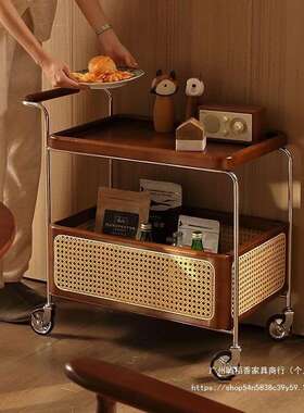 实木移动带轮边几不锈钢收纳中古小推车客厅储物藤编置物简约茶几