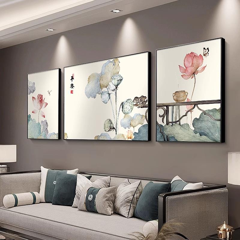禅意荷花客厅装饰画新中式大气沙发背景挂画三联画茶室书房壁画