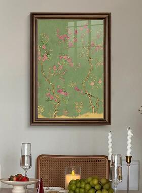 《绿枝繁花》法式复古花卉餐厅装饰画绿色花鸟客厅挂画卧室壁画