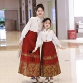 中国风汉服夏款 女童马面裙套装 母女唐装 国风织金亲子装 2024新款