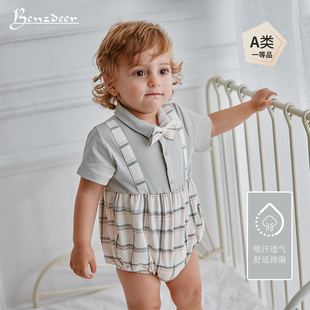 薄款 新生儿婴儿男宝宝连体衣有机棉哈衣短袖 爬服百岁周岁礼服夏季