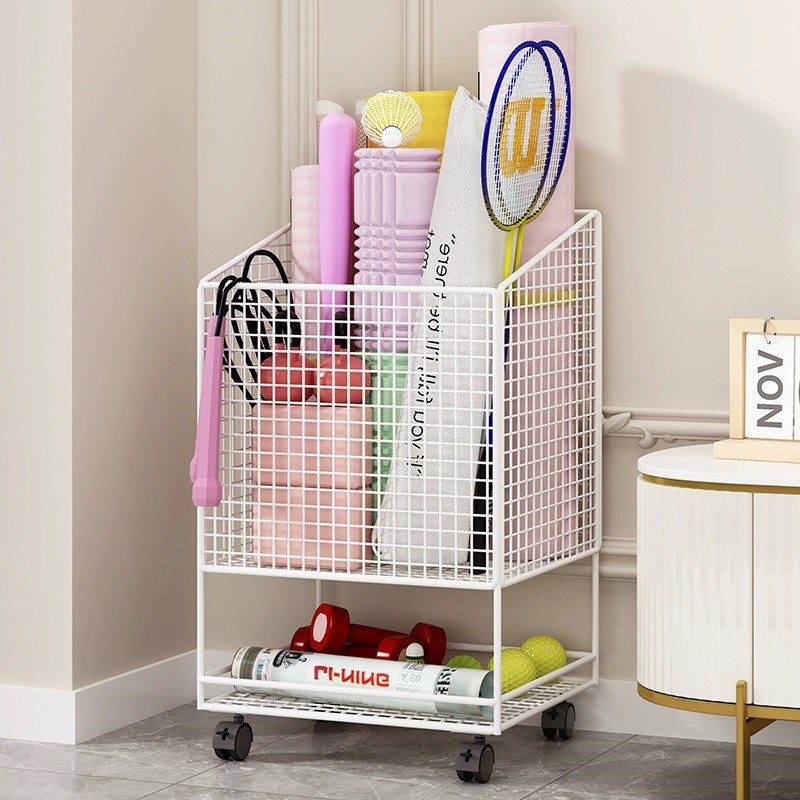 可移动瑜伽垫收纳筐运动器材收纳架带轮哑铃收纳篮家用夹缝置物架