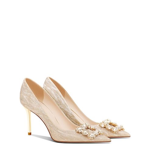 婚鞋新娘鞋女2023新款法式不累脚高级感订婚鞋金色水晶婚纱高跟鞋