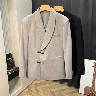 纯色外套商务单西潮 新中式 中国风男士 休闲盘扣西服高级感宴会西装