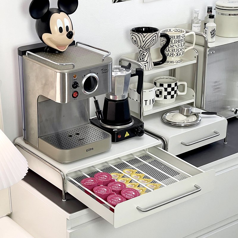咖啡机置物架带抽屉杯子收纳架杯架吧台咖啡角茶包茶水桌面储物架