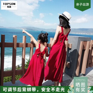 不一样的特别的亲子装高端炸街三亚海边沙度假母女装沙滩红裙子