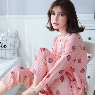 棉绸套装 长袖 宽松大码 绵绸套头两件套装 睡衣女夏季 家居服韩版 薄款