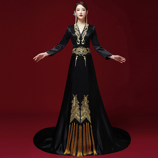 国潮中国风主持人礼服女端庄大气演出长款 晚礼服 成人走秀气质时尚