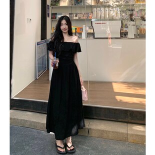 MM谢谢家大码女装法式气质荷叶边一字肩裙子收腰显瘦遮肚连衣长裙