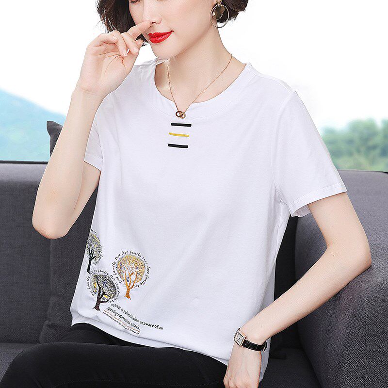 妈妈夏装2024新款纯棉短袖t恤女中老年时尚洋气小衫宽松大码上衣