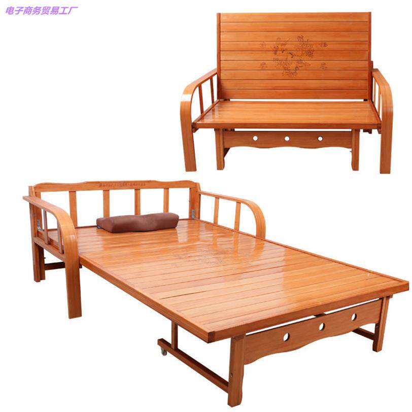 推拉午休简易午睡单人双人两用竹木头折叠床沙发床多功能实木凉床