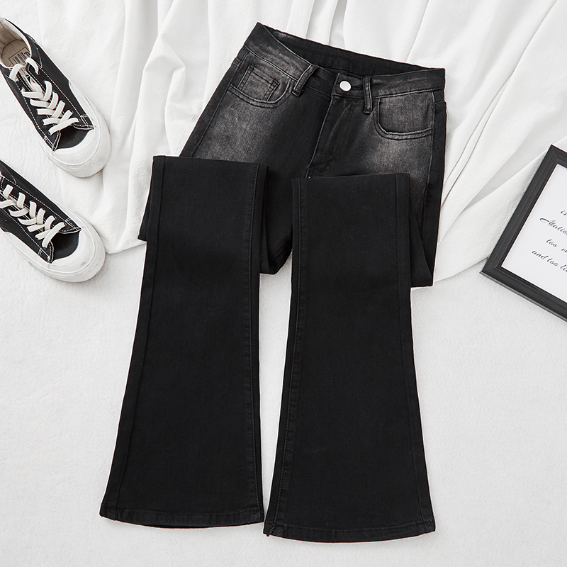 300斤大尺码胖mm高腰显瘦黑色渐层微喇叭牛仔裤女修身阔腿长裤子